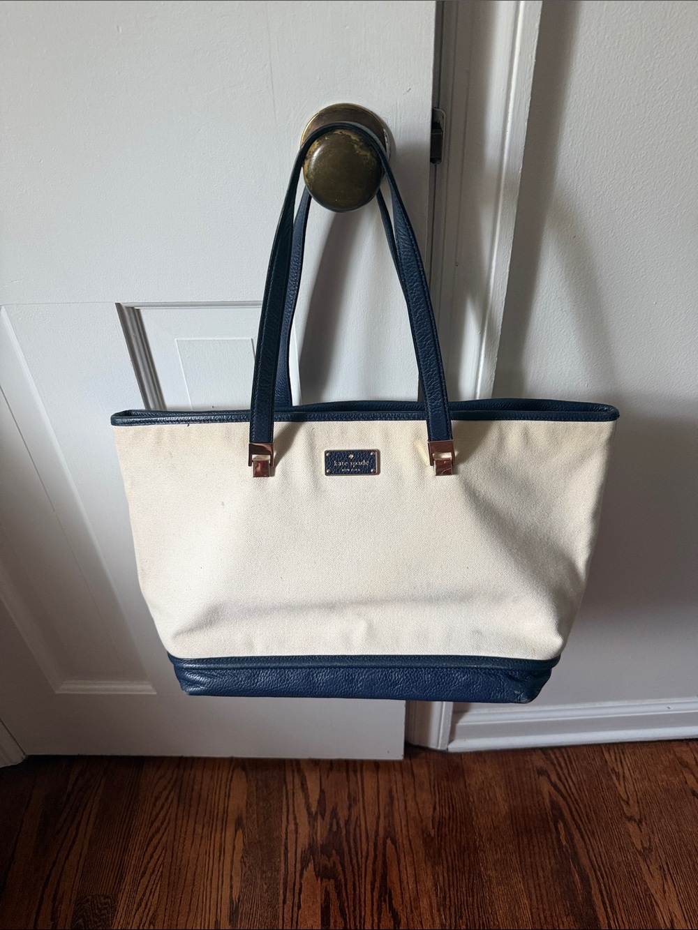 kate spade Cream and Navy Canvas Tote with Leather Trim